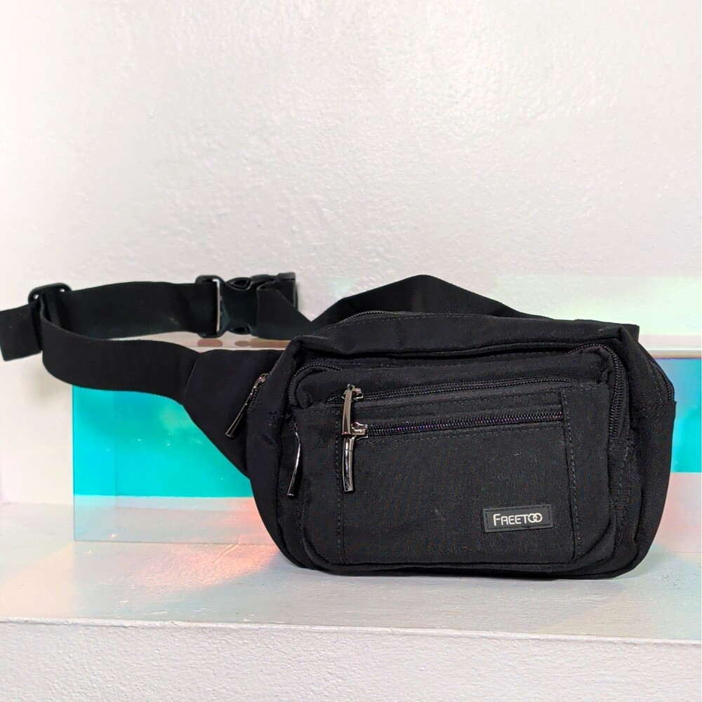 FREETOO Black Fanny Pack Waist Bag Multi Pocket Travel Hiking Belt Bag Unisex